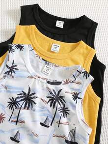 3pcs/Set Tween Boys Casual Vacation Style Palm Tree Print Sleeveless Loose Knit Tank Top Set, Suitable For School, Holiday, Spring & Summer - Yellow - View 3