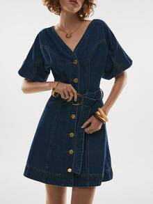 Poéselle 牛仔连衣裙，显瘦减龄，可爱泡泡袖 - 中等水洗藍 - 查看 6