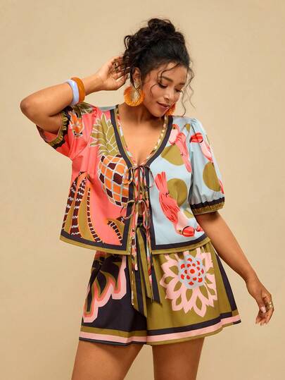 Travachic Plus Size Women's Plaid & Print Shorts Set, Front Tie Bow Blouse And Shorts Comfortable 2-Piece Outfit For Summer Vacation, Summer Outfits