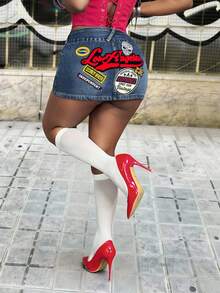 Mistrie 女士街头风字母印花纽扣牛仔迷你裙 - 藍色 - 查看 1