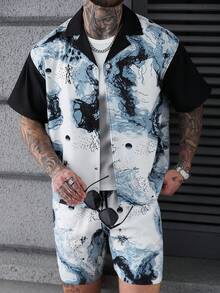 SLATEMANN 男士夏季休闲印花拼接衬衫短裤套装 - 彩色 - 查看 6