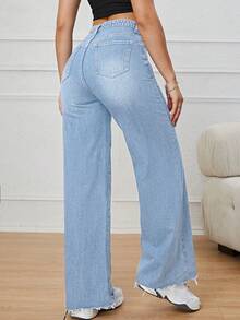 SHEIN PETITE 休闲水洗不对称腰直筒牛仔裤 - 淺色水洗藍 - 查看 2