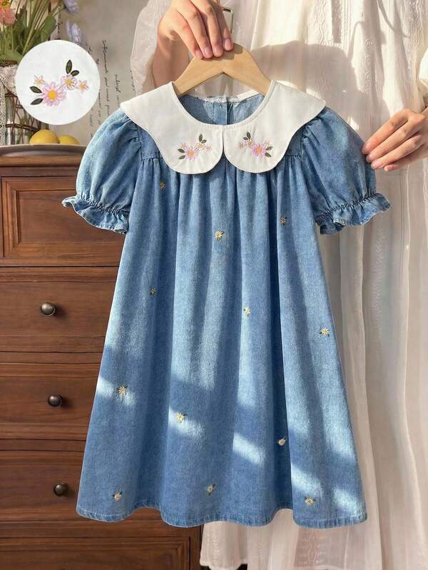 SHEIN 女童刺绣领公主裙，长袖灯芯绒连衣裙，春秋新款，幼儿款