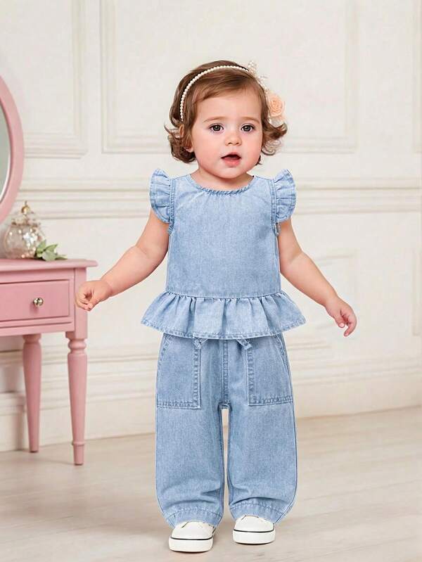 Toddler Girls' Casual Fashionable Minimalist Design Washed Blue Denim Set