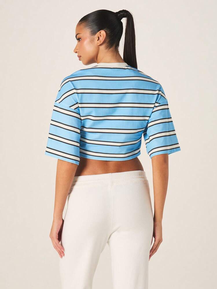 Missguided x Playboy Women's Horizontal Striped Crop T-Shirt Short Sleeve Crew Neck Blue White Casual Top Summer Spring Fashion