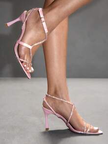 CUCCOO SZL 女士尖头水钻缠绕式绑带高跟凉鞋，性感迷人闪亮银色派对、活动、俱乐部、节日鞋履，圣诞节必备 - 粉色 - 查看 7
