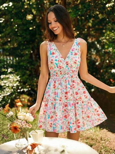 KARISMINA Women's Elegant Romantic Vacation Floral Print Shirred Waist Tie Pink Dress, Spring/Summer,Vacation Outfits Women,Party Dress,Elegant Dresses For Party,Wedding Guest Dress For Women,Graduation Dress,Red Dress,Yellow Dress,Pink Dress,Spring Women