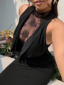 GalTyme 大码优雅性感蕾丝拼接无袖连衣裙，夏季 - 黑色 - 查看 6