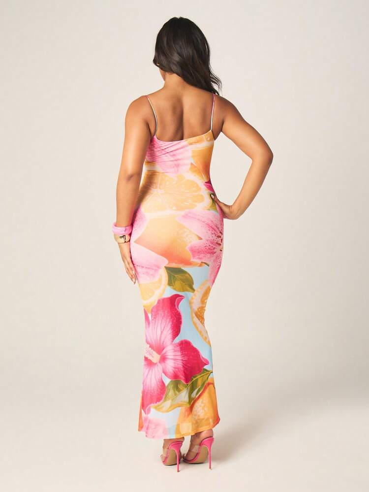 MISSGUIDED Robe longue d'été à bretelles avec imprimé floral tropical pour femmes. Robe de plage, de vacances, moulante, sans manches, pour soirée et fête.