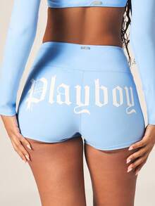 Missguided x Playboy Women's Light Blue Long Sleeve Crop Top And High Rise Shorts Two Piece Athletic Set - Blue - View 5