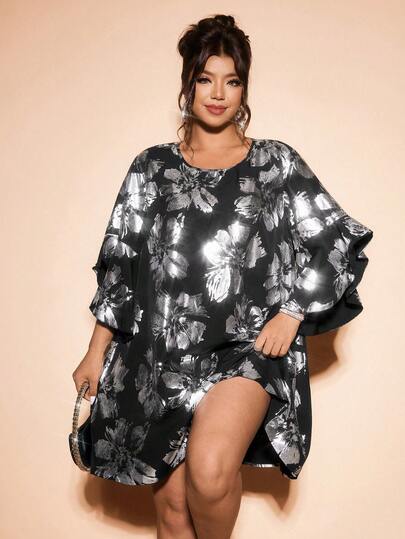 Cravure Plus Size Women's Elegant Metallic Foil Accent A-Line Dress, Suitable For Spring/Summer Vacation, Party, Graduation, Holidays, Valentine's Day, Music Festival, Mother's Day, Halloween, Thanksgiving, Easter, National Day, Prom, Date, Wedding, Outdoor Activities