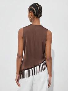 Maija 女士纯色无袖上衣，不对称下摆饰有流苏，适合夏季圣帕特里克节、复活节、海滩度假、各种场合，也适合夏季外出、毕业典礼等休闲场合。 - 咖啡棕 - 查看 3