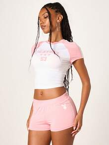 Missguided x Playboy Ringer Style Baby Tee And Shorts Co Ord Set Crop Top With Contrast Sleeves Fitted High Waisted Summer Matching Outfit Two Piece - Multicolor - View 4