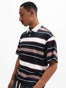 SUMWON 男士休闲短款宽松条纹短袖 Polo 衫，经典领口，多色条纹图案，夏季上衣 - 彩色 - 查看 5