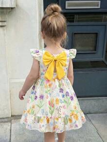 SHEIN Playful Pals Baby Girls' Fashion Floral Print Hollow Back Bow Design Dress, Suitable For Vacation Stylish Outfit - Multicolor - View 9