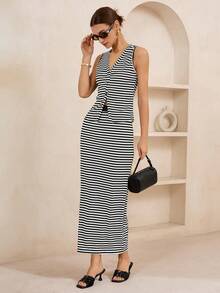 Lymera Women's Striped Single-Breasted Top And Skirt 2 Pieces Set, Fashionable For Dates And Outings - Multicolor - View 4