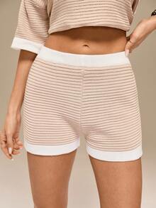 Firalyn Women's Contrast Color Minimalist Casual Shorts - Khaki - View 3