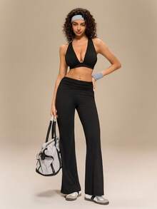 Hanevo 新款春夏休闲优雅度假沙滩派对交叉露背吊带背心和喇叭裤两件套，黑色修身款 - 黑色 - 查看 6