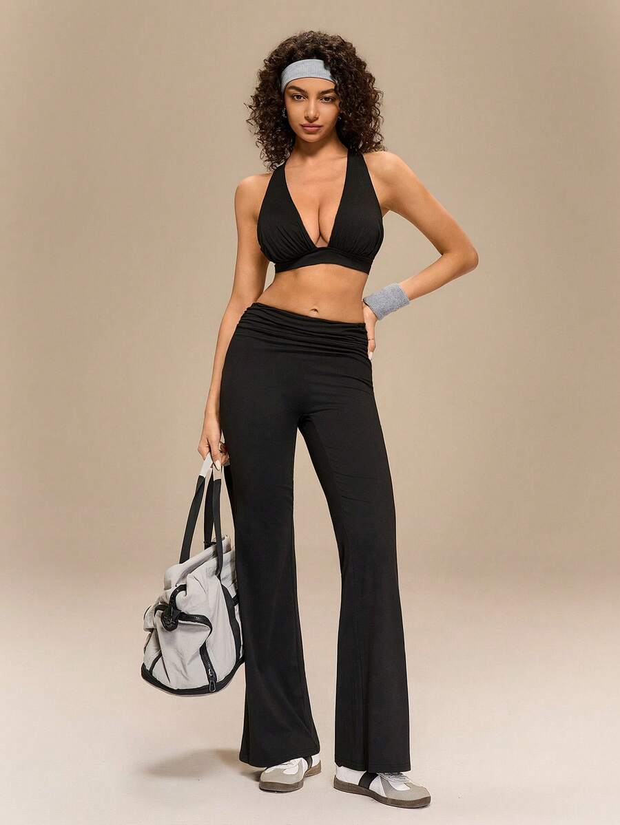 Hanevo 新款春夏休闲优雅度假沙滩派对交叉露背吊带背心和喇叭裤两件套，黑色修身款 - 黑色 - 查看 1