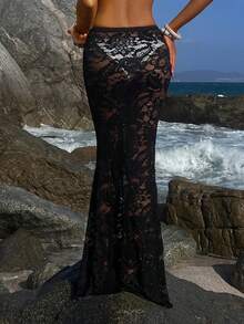 Opulessa 女士蕾丝拼接休闲百搭沙滩罩衫裙 - 黑色 - 查看 2