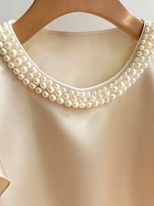 Lyxana Satin Finish Round Neck Pearl Decor Ruffle Sleeve Blouse - Apricot - View 4