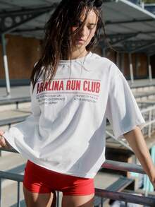 Aralina Áo thun thể thao nữ dáng rộng in họa tiết, kiểu dáng cơ bản, thoải mái, thích hợp cho tập gym và tập luyện. - trắng - Xem 3