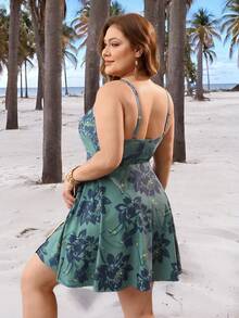 Swim Lushoire Đồ bơi tankini xẻ tà in hoa sen dành cho nữ cỡ lớn, thích hợp cho kỳ nghỉ hè ở bãi biển. - Màu xanh bụi bặm - Xem 2