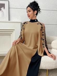 Al Najma Vestido casual de mujer con cuello alto, estilo árabe con aplicaciones - Caqui - Ver 6