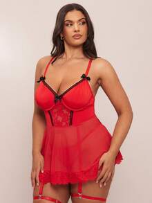 SHEIN BAE 4pcs Set: Mesh With Lace Splice Underwire Nightgown + G-String + 2pcs Garters - Red - View 2