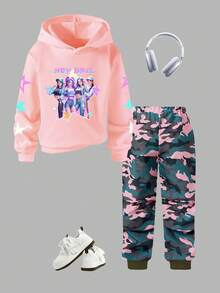 SHEIN ChillGRL 少女休闲时尚百搭甜美别致迷彩印花连帽衫和运动裤套装，舒适百搭，适合春夏穿着，也适合秋冬穿着，休闲街头风，返校季，户外野餐，摄影，校园，节日，礼物佳品 - 彩色 - 查看 3