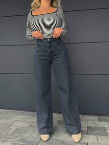 Jeta Ari 休闲水洗高腰直筒牛仔裤 - 藍色 - 查看 3