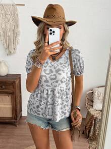 LanaWest Women's Leopard Print Ruched V-Neck Loose Petal Sleeve T-Shirt - Grey - View 6