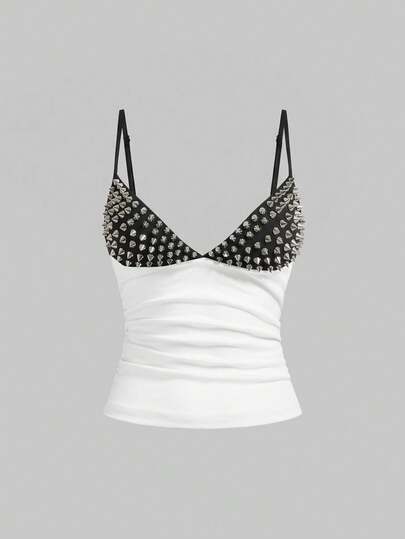 ROMWE Grunge Punk Sexy Halloween Dark Punk Rivet Patchwork Women Top