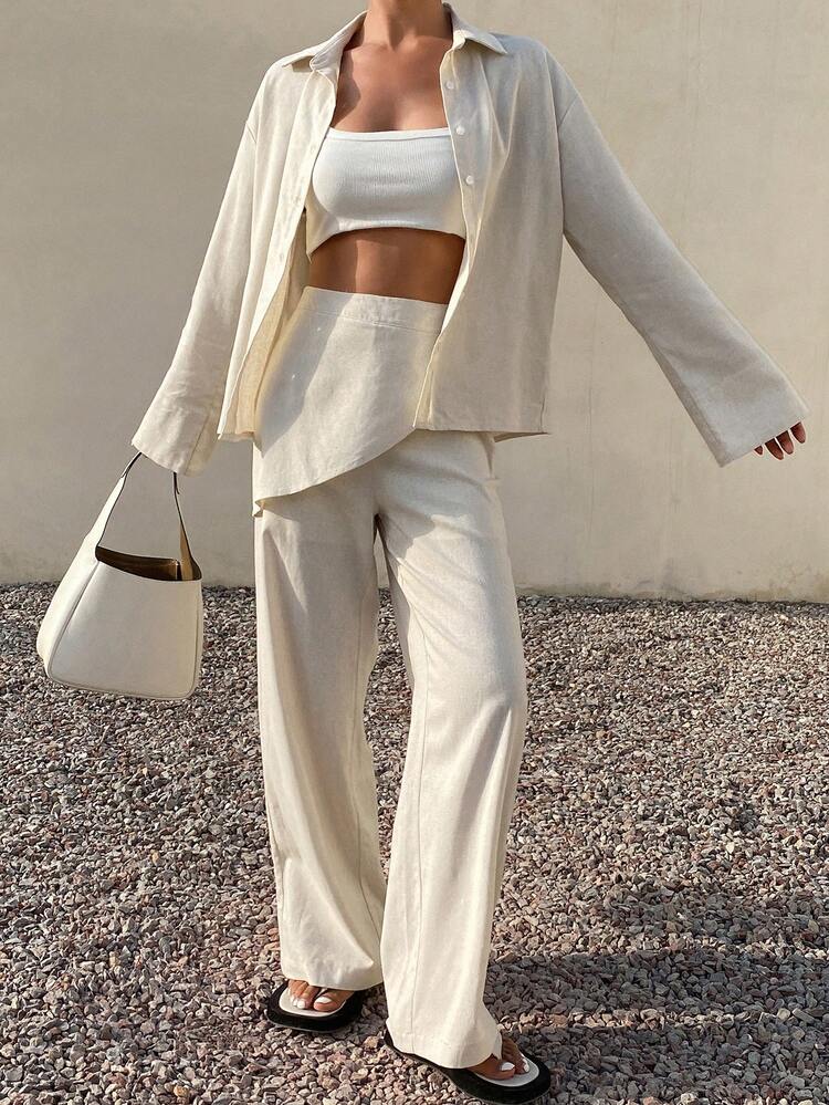 Women's Solid Color Lapel Single-Breasted Long Sleeve Top And Wide-Leg Pants 2 Pieces Casual Outfit Summer