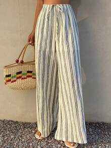 DAZY Women's Casual Striped Drawstring Waist Pants - Black and White - View 7