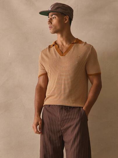 Musero Slim Fit Short Sleeve Slight V Neck Open Collar Top Striped Branded Emblem Shirt Spring Summer Essentials