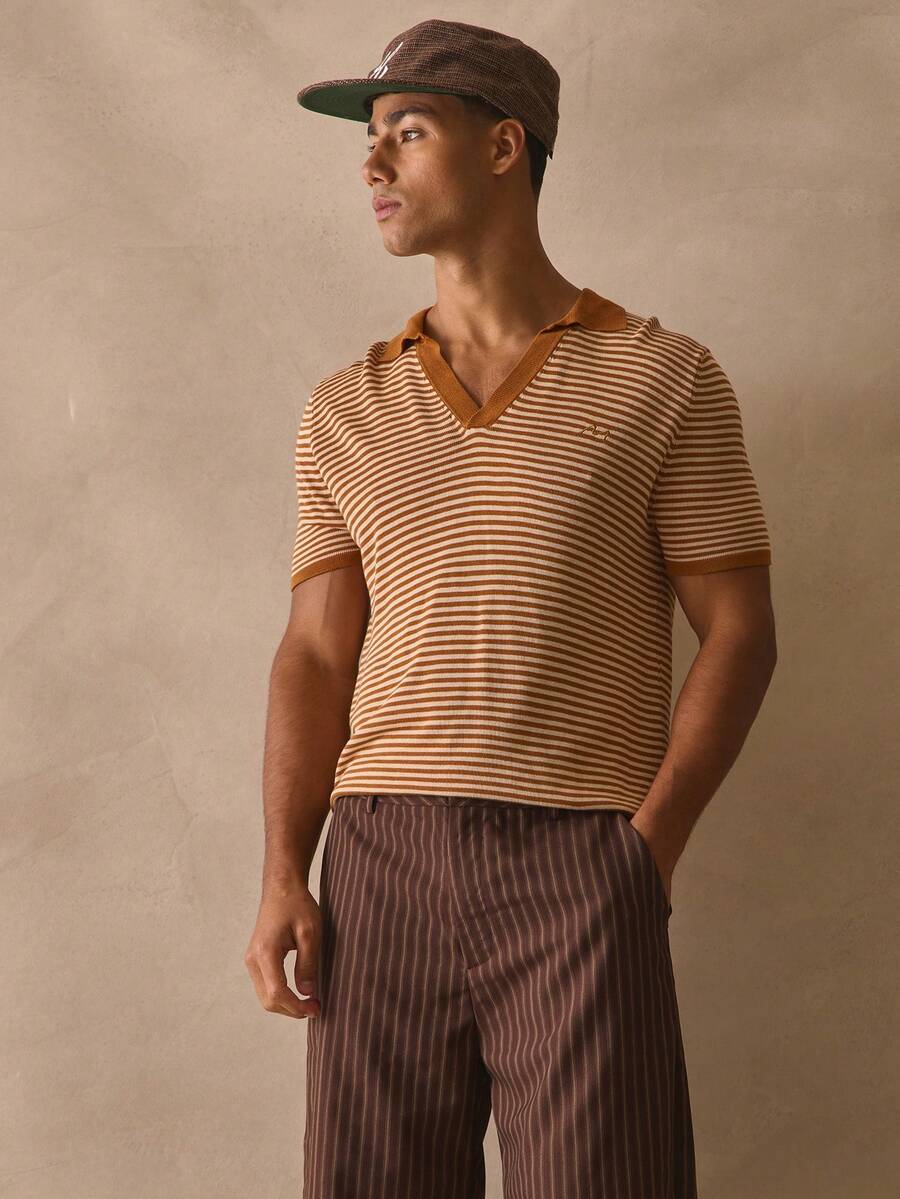 Musero Slim Fit Short Sleeve Slight V Neck Open Collar Top Striped Branded Emblem Shirt Spring Summer Essentials - Multicolor - View 1