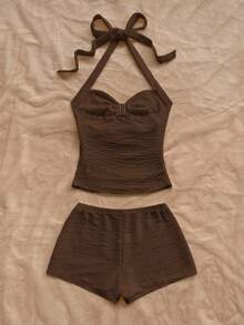 Soleia Women's Vacation Knit Textured V-Neck Floral Metal Decor Halter Crop Top And Super Short Shorts Two Pieces Set, Suitable For Party, Christmas, Date, Nightclub, Beach, Cruise, Afternoon Tea, Bohemian, Boho, Vacation, Fall - Coffee Brown - View 2