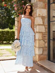 KARISMINA 女士浪漫度假长裙，提花面料无肩带连衣裙，蓝色 - 淺藍色 - 查看 5