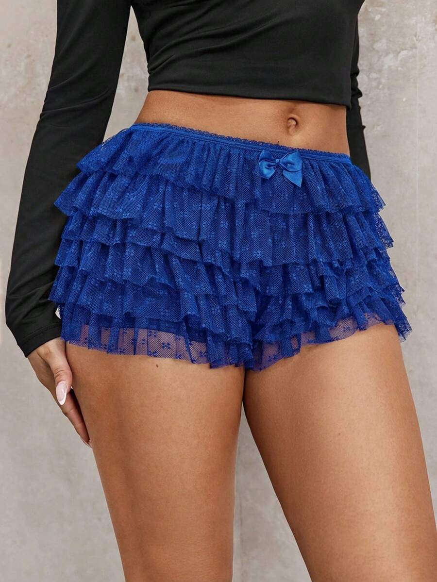 SHEIN SXY 秋季女装;少女波点蕾丝荷叶边低腰迷你短裤,芭蕾舞风格;适合约会之夜、单身派对、鸡尾酒会、圣诞派对 - 寶藍色 - 查看 1