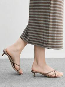 CUCCOO BIZCHIC 女士鞋履 春夏新款杏色细条纹高跟凉鞋拖鞋 时尚简约舒适 百搭通勤性感凉鞋 女鞋 - 杏色鏡面 - 查看 4