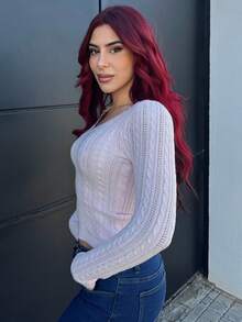 Bearsaez Nuevo suéter de cuello en V profundo, de manga larga, ajustado, de punto de cable vintage minimalista, una prenda exterior versátil para otoño/invierno - Rosa - Ver 5