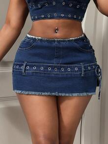 BamGleam Chân váy denim ngắn nữ gợi cảm, kiểu dáng đường phố, có dây buộc bên hông và khuy cài, thích hợp cho mùa hè. - Rửa tối - Xem 1