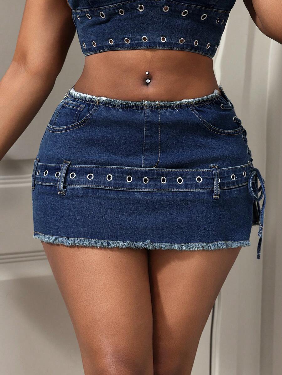 BamGleam Chân váy denim ngắn nữ gợi cảm, kiểu dáng đường phố, có dây buộc bên hông và khuy cài, thích hợp cho mùa hè. - Rửa tối - Xem 1