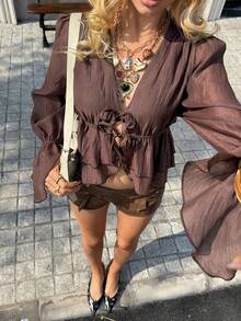 DAZY 女士酒红色荷叶边系带沙滩度假上衣，夏季 - 酒紅色 - 查看 4