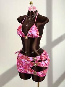 Zestiva 3pcs Women's Leopard & Floral Print Halter Backless Bikini Set,Swimwear Skirt,White Floral,Summer,Casual,Pool Party,Vacation,Holiday Bathing Suit - Multicolor - View 4