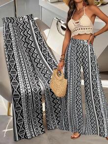 SHEIN Women's Black & White Pattern Print Wide Leg Pants, Relaxed Bohemian Style Suitable For Vacation, Casual, Beach, Street, Daily Commute, Sexy, Romantic, Business, Dates, Festivals - Multicolor - View 8