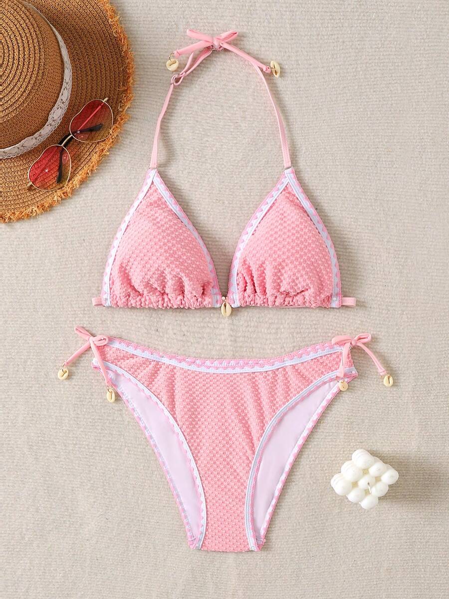 SHEIN Bộ đồ bơi mùa hè cho bé gái, kiểu dáng mềm mại, có sọc, cổ yếm buộc dây, 2 món/bộ, đồ bơi hai mảnh màu hồng nhạt cho thiếu nữ, bộ bikini màu hồng nhạt, bộ bikini kín đáo, bộ bikini tam giác. - Hồng - Xem 1
