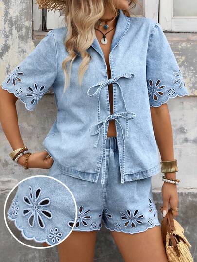 Brillora Women's Vacation Lace-Up Hollow Out Embroidery Short Sleeve Denim Top And Denim Shorts Set  Summer Outfits For Women Spring Outfit Women Spring Clothes Women Vacation Outfits Women Summer Vacation Outfits Beach Vacation Outfits For Women 2 Piece Vacation Set Women Women Fashionable Denim Blue Short Sleeve Shirt With Eyelet Floral Details And Tie Front Closure Cute Summer Top
