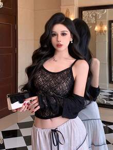 DAZY 春夏花卉镂空蕾丝系带开衫短款上衣，优雅适合情人节、婚礼、派对、正式场合，时尚修身透视网纱长袖开衫和吊带背心两件套，女士 - 黑色 - 查看 10
